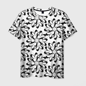 Мужская футболка 3D с принтом Чёрные цветы на белом в Новосибирске, 100% полиэфир | прямой крой, круглый вырез горловины, длина до линии бедер | абстракция | геометрия | кружево | снежинки | цветы