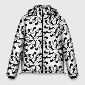 Мужская зимняя куртка 3D с принтом Чёрные цветы на белом в Тюмени, верх — 100% полиэстер; подкладка — 100% полиэстер; утеплитель — 100% полиэстер | длина ниже бедра, свободный силуэт Оверсайз. Есть воротник-стойка, отстегивающийся капюшон и ветрозащитная планка. 

Боковые карманы с листочкой на кнопках и внутренний карман на молнии. | Тематика изображения на принте: абстракция | геометрия | кружево | снежинки | цветы