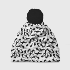 Шапка 3D c помпоном с принтом Чёрные цветы на белом в Екатеринбурге, 100% полиэстер | универсальный размер, печать по всей поверхности изделия | абстракция | геометрия | кружево | снежинки | цветы