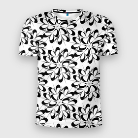 Мужская футболка 3D Slim с принтом Чёрные цветы на белом , 100% полиэстер с улучшенными характеристиками | приталенный силуэт, круглая горловина, широкие плечи, сужается к линии бедра | Тематика изображения на принте: абстракция | геометрия | кружево | снежинки | цветы