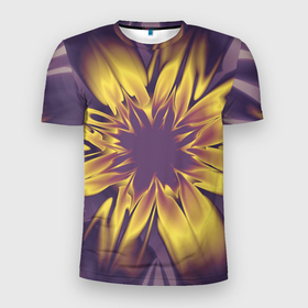 Мужская футболка 3D Slim с принтом Цветок заката. Абстракция. 535 332 32 63. , 100% полиэстер с улучшенными характеристиками | приталенный силуэт, круглая горловина, широкие плечи, сужается к линии бедра | abstraction | flower | fractal | illustration | purple | yellow | абстракция | желтый | иллюстрация | на витрину | пурпурный | фиолетовый | фрактал | цветок