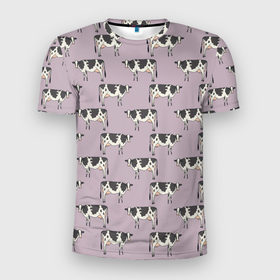 Мужская футболка 3D Slim с принтом Коровы Паттерн в Новосибирске, 100% полиэстер с улучшенными характеристиками | приталенный силуэт, круглая горловина, широкие плечи, сужается к линии бедра | винтажный стиль | домашний скот | животные | корова | коровы | крупное животное | лиловый | паттерн | приглушенные цвета | сиреневый