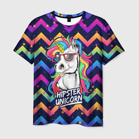 Мужская футболка 3D с принтом Единорог Хипстер   Hipster Unicorn в Кировске, 100% полиэфир | прямой крой, круглый вырез горловины, длина до линии бедер | neon | star | unicorn | единорог | звезды | конь | лошадь | неон | пони | радуга | радужный | субкультура | хипстер | хипстэр | юникорн