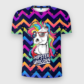 Мужская футболка 3D Slim с принтом Единорог Хипстер   Hipster Unicorn в Санкт-Петербурге, 100% полиэстер с улучшенными характеристиками | приталенный силуэт, круглая горловина, широкие плечи, сужается к линии бедра | neon | star | unicorn | единорог | звезды | конь | лошадь | неон | пони | радуга | радужный | субкультура | хипстер | хипстэр | юникорн