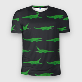 Мужская футболка 3D Slim с принтом Крокодилы паттерн , 100% полиэстер с улучшенными характеристиками | приталенный силуэт, круглая горловина, широкие плечи, сужается к линии бедра | животные | звери | зеленый | крокодилы | паттерн | пресмыкающиеся