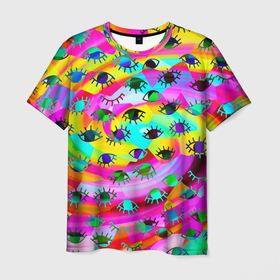 Мужская футболка 3D с принтом Психоделические взгляды в Тюмени, 100% полиэфир | прямой крой, круглый вырез горловины, длина до линии бедер | psychedelic | tie die | tie dye | абстракция | глаз | глаза | паттерн | психоделика | ресницы | тайдай