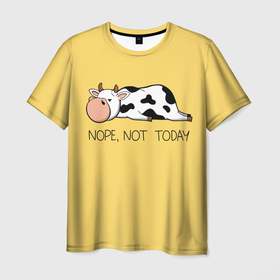 Мужская футболка 3D с принтом Nope, not today в Санкт-Петербурге, 100% полиэфир | прямой крой, круглый вырез горловины, длина до линии бедер | bull | joke | lazy cow | lies | nope | not today | rests | бык | лежит | ленивая корова | не сегодня | нет | отдыхает | прикол | шутка