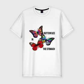 Мужская футболка хлопок Slim с принтом butterflies in the stomach в Новосибирске, 92% хлопок, 8% лайкра | приталенный силуэт, круглый вырез ворота, длина до линии бедра, короткий рукав | бабочка | крылья | насекомые | птица | цитата