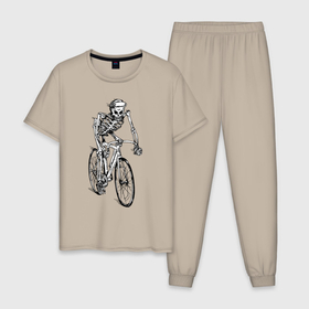 Мужская пижама хлопок с принтом Crazy Rider в Екатеринбурге, 100% хлопок | брюки и футболка прямого кроя, без карманов, на брюках мягкая резинка на поясе и по низу штанин
 | bicycle | hype | skeleton | skull | speed | велосипед | скелет | скорость | хайп | череп