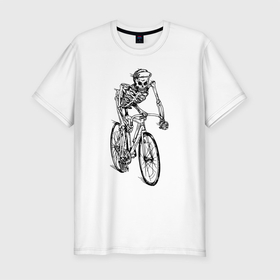 Мужская футболка хлопок Slim с принтом Crazy Rider в Курске, 92% хлопок, 8% лайкра | приталенный силуэт, круглый вырез ворота, длина до линии бедра, короткий рукав | bicycle | hype | skeleton | skull | speed | велосипед | скелет | скорость | хайп | череп