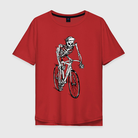 Мужская футболка хлопок Oversize с принтом Crazy Rider в Тюмени, 100% хлопок | свободный крой, круглый ворот, “спинка” длиннее передней части | bicycle | hype | skeleton | skull | speed | велосипед | скелет | скорость | хайп | череп