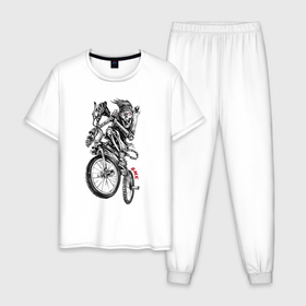 Мужская пижама хлопок с принтом Skeleton on a cool bike в Белгороде, 100% хлопок | брюки и футболка прямого кроя, без карманов, на брюках мягкая резинка на поясе и по низу штанин
 | bike | bmx | bones | extreme | hype | jaw | skeleton | skull | star | teeth | tongue | велосипед | звезда | зубы | кости | пасть | скелет | хайп | экстрим | язык