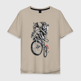 Мужская футболка хлопок Oversize с принтом Skeleton on a cool bike в Белгороде, 100% хлопок | свободный крой, круглый ворот, “спинка” длиннее передней части | bike | bmx | bones | extreme | hype | jaw | skeleton | skull | star | teeth | tongue | велосипед | звезда | зубы | кости | пасть | скелет | хайп | экстрим | язык