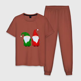 Мужская пижама хлопок с принтом Два рождественских гнома в Екатеринбурге, 100% хлопок | брюки и футболка прямого кроя, без карманов, на брюках мягкая резинка на поясе и по низу штанин
 | Тематика изображения на принте: борода | гном | дед | дед мороз | дедушка | зима | зимний | мило | милота | милый | новогодний | новый год | праздник | праздничный | рождественский | рождество | с бородой | садовый гном | санта