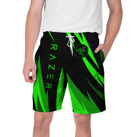 Мужские шорты 3D с принтом RAZER | GREEN в Новосибирске,  полиэстер 100% | прямой крой, два кармана без застежек по бокам. Мягкая трикотажная резинка на поясе, внутри которой широкие завязки. Длина чуть выше колен | 101 | brand | company | gamer | green | logo | mamba | naga | player | razer | rzr | snake | бренд | железо | зеленый | змея | компания | лого | рейзер | софт