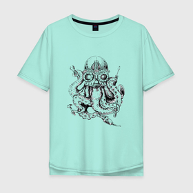 Мужская футболка хлопок Oversize с принтом Кракен водолаз в Белгороде, 100% хлопок | свободный крой, круглый ворот, “спинка” длиннее передней части | кракен | октопус | осьминог | спрут | тентакль | щупальца