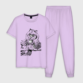 Мужская пижама хлопок с принтом Тигр самурай в Тюмени, 100% хлопок | брюки и футболка прямого кроя, без карманов, на брюках мягкая резинка на поясе и по низу штанин
 | Тематика изображения на принте: меч | самурай | символ года | тигр | ярость