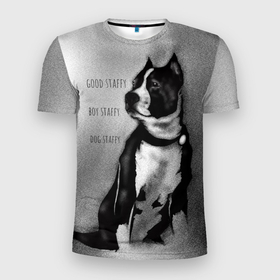 Мужская футболка 3D Slim с принтом STAFFY boy в Белгороде, 100% полиэстер с улучшенными характеристиками | приталенный силуэт, круглая горловина, широкие плечи, сужается к линии бедра | Тематика изображения на принте: staffy | арт | мерч | рисунок | собака