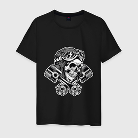 Мужская футболка хлопок с принтом Piston skull в Санкт-Петербурге, 100% хлопок | прямой крой, круглый вырез горловины, длина до линии бедер, слегка спущенное плечо. | bikrer | garage | piston | rider | skull | байкер | гараж | гонщик | поршень | череп