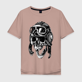Мужская футболка хлопок Oversize с принтом Skull Ridеr в Белгороде, 100% хлопок | свободный крой, круглый ворот, “спинка” длиннее передней части | Тематика изображения на принте: bikrer | rider | skull | байкер | гонщик | летчик | мотоциклист | очки | танкист | череп | шлем