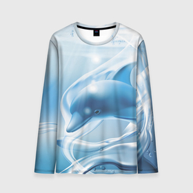 Мужской лонгслив 3D с принтом Дельфин в лазурном океане в Тюмени, 100% полиэстер | длинные рукава, круглый вырез горловины, полуприлегающий силуэт | dolphin | fin | ocean | rays | water | вода | дельфин | лучи | океан | плавник