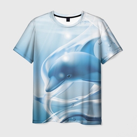 Мужская футболка 3D с принтом Дельфин в лазурном океане в Петрозаводске, 100% полиэфир | прямой крой, круглый вырез горловины, длина до линии бедер | dolphin | fin | ocean | rays | water | вода | дельфин | лучи | океан | плавник