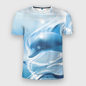 Мужская футболка 3D Slim с принтом Дельфин в лазурном океане , 100% полиэстер с улучшенными характеристиками | приталенный силуэт, круглая горловина, широкие плечи, сужается к линии бедра | dolphin | fin | ocean | rays | water | вода | дельфин | лучи | океан | плавник