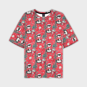 Мужская футболка OVERSIZE 3D с принтом Пингвины красный паттерн в Курске,  |  | new year | новогодняя | новый год | паттерн | пингвин | пингвины | рождество