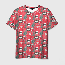 Мужская футболка 3D с принтом Пингвины красный паттерн в Петрозаводске, 100% полиэфир | прямой крой, круглый вырез горловины, длина до линии бедер | Тематика изображения на принте: new year | новогодняя | новый год | паттерн | пингвин | пингвины | рождество