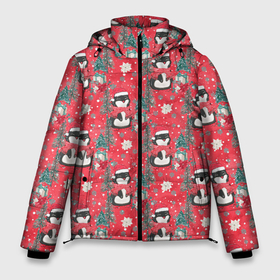 Мужская зимняя куртка 3D с принтом Пингвины красный паттерн в Екатеринбурге, верх — 100% полиэстер; подкладка — 100% полиэстер; утеплитель — 100% полиэстер | длина ниже бедра, свободный силуэт Оверсайз. Есть воротник-стойка, отстегивающийся капюшон и ветрозащитная планка. 

Боковые карманы с листочкой на кнопках и внутренний карман на молнии. | new year | новогодняя | новый год | паттерн | пингвин | пингвины | рождество