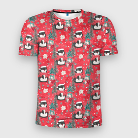 Мужская футболка 3D Slim с принтом Пингвины красный паттерн в Курске, 100% полиэстер с улучшенными характеристиками | приталенный силуэт, круглая горловина, широкие плечи, сужается к линии бедра | new year | новогодняя | новый год | паттерн | пингвин | пингвины | рождество