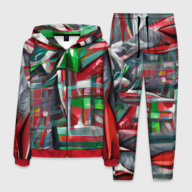 Мужской костюм 3D с принтом Бодрый Новый год в Курске, 100% полиэстер | Манжеты и пояс оформлены тканевой резинкой, двухслойный капюшон со шнурком для регулировки, карманы спереди | зеленый | красный | новый год | полосы | рождество | спортивный | яркий