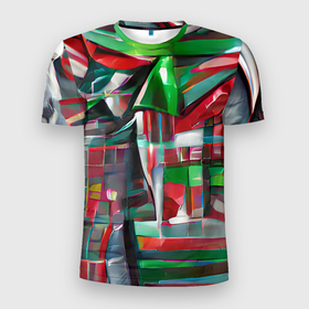 Мужская футболка 3D Slim с принтом Бодрый Новый год в Екатеринбурге, 100% полиэстер с улучшенными характеристиками | приталенный силуэт, круглая горловина, широкие плечи, сужается к линии бедра | зеленый | красный | новый год | полосы | рождество | спортивный | яркий