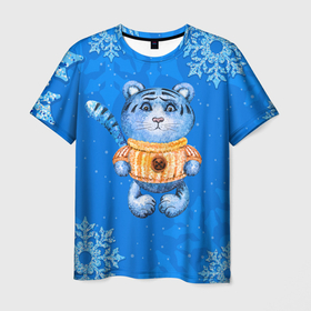 Мужская футболка 3D с принтом синий плюшевый тигренок 2022 в Белгороде, 100% полиэфир | прямой крой, круглый вырез горловины, длина до линии бедер | 2022 | год тигра | новый год | новый год 2022 | символ года | тигр | тигренок | тигрица | тигры