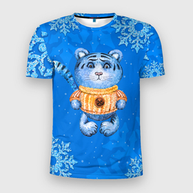 Мужская футболка 3D Slim с принтом синий плюшевый тигренок 2022 в Белгороде, 100% полиэстер с улучшенными характеристиками | приталенный силуэт, круглая горловина, широкие плечи, сужается к линии бедра | 2022 | год тигра | новый год | новый год 2022 | символ года | тигр | тигренок | тигрица | тигры