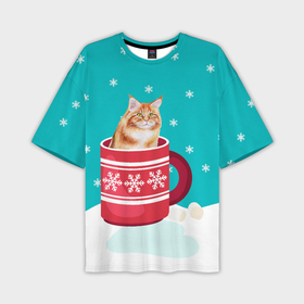 Мужская футболка OVERSIZE 3D с принтом Кот в кружке ,  |  | Тематика изображения на принте: зима | кот | котенок | котик | котики | кошка | новогодняя | новый год | рождество | тепло