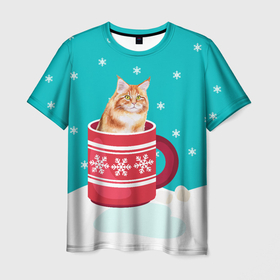 Мужская футболка 3D с принтом Кот в кружке в Белгороде, 100% полиэфир | прямой крой, круглый вырез горловины, длина до линии бедер | Тематика изображения на принте: зима | кот | котенок | котик | котики | кошка | новогодняя | новый год | рождество | тепло