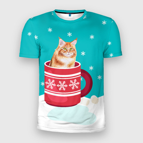Мужская футболка 3D Slim с принтом Кот в кружке в Екатеринбурге, 100% полиэстер с улучшенными характеристиками | приталенный силуэт, круглая горловина, широкие плечи, сужается к линии бедра | зима | кот | котенок | котик | котики | кошка | новогодняя | новый год | рождество | тепло
