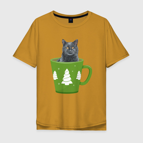 Мужская футболка хлопок Oversize с принтом Кот в зеленой кружке в Екатеринбурге, 100% хлопок | свободный крой, круглый ворот, “спинка” длиннее передней части | зима | кот | котенок | котик | котики | кошка | новогодняя | новый год | рождество | тепло