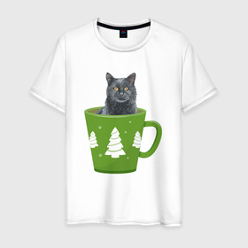 Мужская футболка хлопок с принтом Кот в зеленой кружке в Белгороде, 100% хлопок | прямой крой, круглый вырез горловины, длина до линии бедер, слегка спущенное плечо. | зима | кот | котенок | котик | котики | кошка | новогодняя | новый год | рождество | тепло