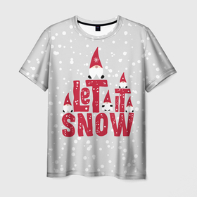 Мужская футболка 3D с принтом Let it snow   пусть идет снег , 100% полиэфир | прямой крой, круглый вырез горловины, длина до линии бедер | christmas | gnomes | let it snow | new year | red caps | winter | гномы | зима | красные колпаки | новый год | пусть идет снег | рождество