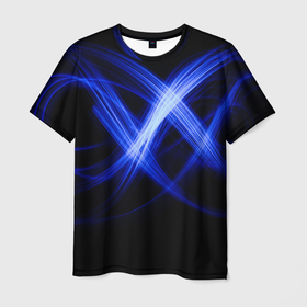 Мужская футболка 3D с принтом Синяя бесконечность энергии , 100% полиэфир | прямой крой, круглый вырез горловины, длина до линии бедер | абстрактные | бесконечность | геометрия | лента | неон | полосы | синий | тесла | физика | энергия