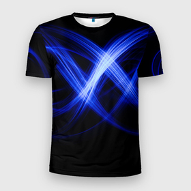 Мужская футболка 3D Slim с принтом Синяя бесконечность энергии , 100% полиэстер с улучшенными характеристиками | приталенный силуэт, круглая горловина, широкие плечи, сужается к линии бедра | абстрактные | бесконечность | геометрия | лента | неон | полосы | синий | тесла | физика | энергия