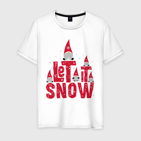 Мужская футболка хлопок с принтом Let it snow   пусть идет снег. , 100% хлопок | прямой крой, круглый вырез горловины, длина до линии бедер, слегка спущенное плечо. | christmas | gnomes | let it snow | new year | red caps | winter | гномы | зима | красные колпаки | новый год | пусть идет снег | рождество