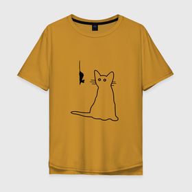 Мужская футболка хлопок Oversize с принтом Кот и мышка (прикол) в Белгороде, 100% хлопок | свободный крой, круглый ворот, “спинка” длиннее передней части | девушке | животные | кот | мышка | подарок | прикольные