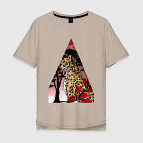 Мужская футболка хлопок Oversize с принтом Гепард в саванне на закате в Санкт-Петербурге, 100% хлопок | свободный крой, круглый ворот, “спинка” длиннее передней части | ветка | гепард | дикий | жара | закат | зверь | кот | кошачьи | кошка | красный | охотник | принт | саванна | цветок