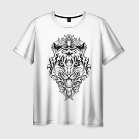 Мужская футболка 3D с принтом Тигровый оскал в Тюмени, 100% полиэфир | прямой крой, круглый вырез горловины, длина до линии бедер | грозный | зверь | кот | новый год | оскал | портрет | рык | силуэт | тату | тигр | хищник