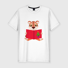 Мужская футболка хлопок Slim с принтом Тигр читает новогоднюю книгу в Тюмени, 92% хлопок, 8% лайкра | приталенный силуэт, круглый вырез ворота, длина до линии бедра, короткий рукав | 2022 | book | happy | happy new year | marry christmas | tiger | winter | веселье | зима | книга | красная книга | новый год | символ года | тигр | тигренок | читает
