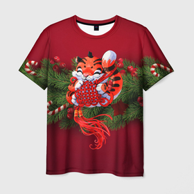 Мужская футболка 3D с принтом Игривый китайский тигр , 100% полиэфир | прямой крой, круглый вырез горловины, длина до линии бедер | Тематика изображения на принте: 2022 | год тигра | новый год | новый год 2022 | символ года | тигр | тигренок | тигрица | тигры