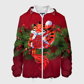 Мужская куртка 3D с принтом Игривый китайский тигр в Новосибирске, ткань верха — 100% полиэстер, подклад — флис | прямой крой, подол и капюшон оформлены резинкой с фиксаторами, два кармана без застежек по бокам, один большой потайной карман на груди. Карман на груди застегивается на липучку | Тематика изображения на принте: 2022 | год тигра | новый год | новый год 2022 | символ года | тигр | тигренок | тигрица | тигры